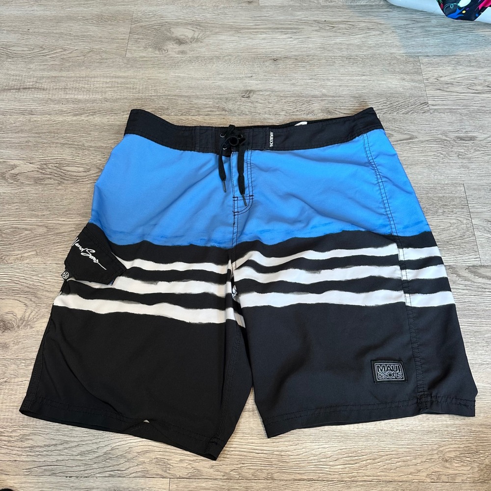 Maui and Sons‎ Mens Board Shorts Blue Black White Stripe Drawstring Size 36